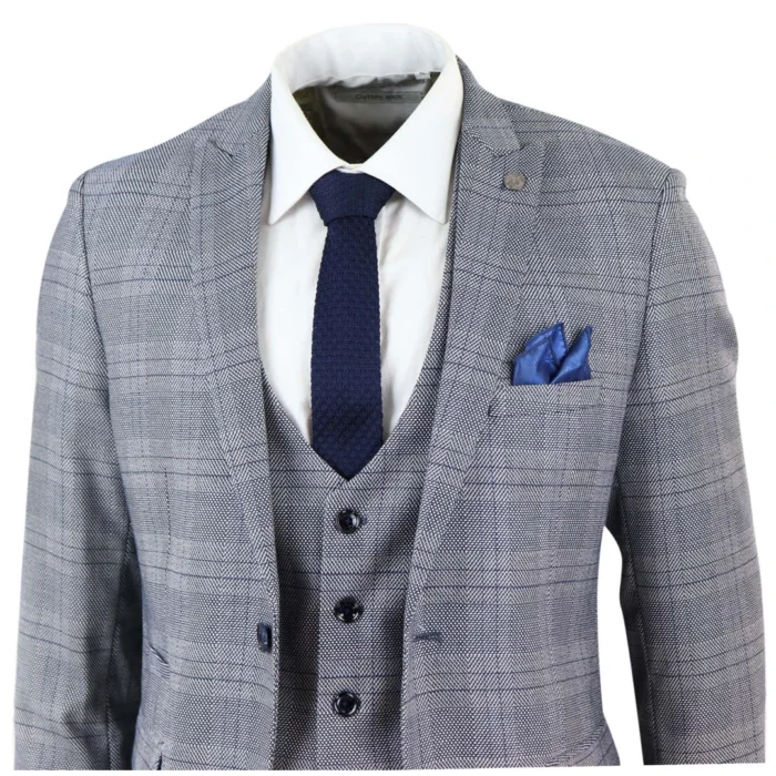 Mens Marc Darcy 3 Piece Suit Grey Prince Of Wales Blue Check Vintage Retro - Image 4