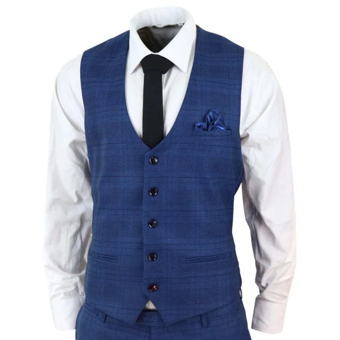 Mens Marc Darcy 3 Piece Suit Blue Prince Of Wales Black Check Vintage Retro - Image 6
