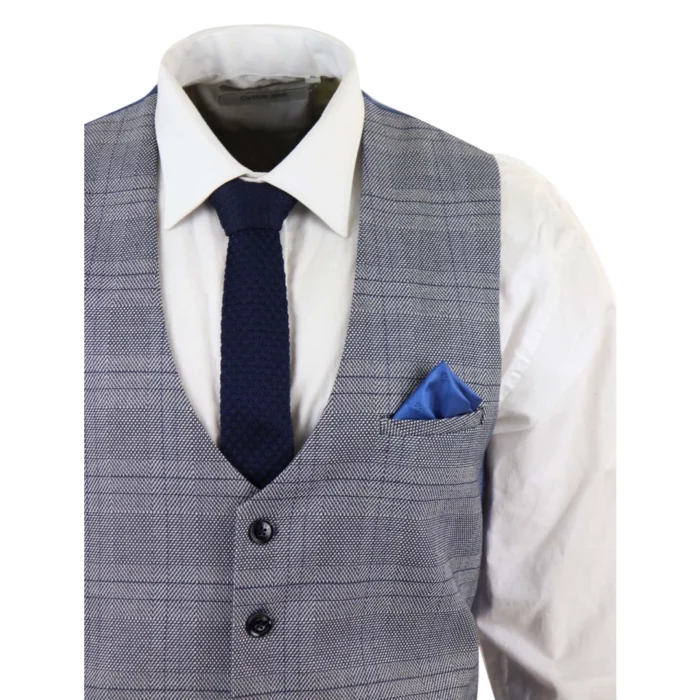 Mens Marc Darcy 3 Piece Suit Grey Prince Of Wales Blue Check Vintage Retro - Image 6