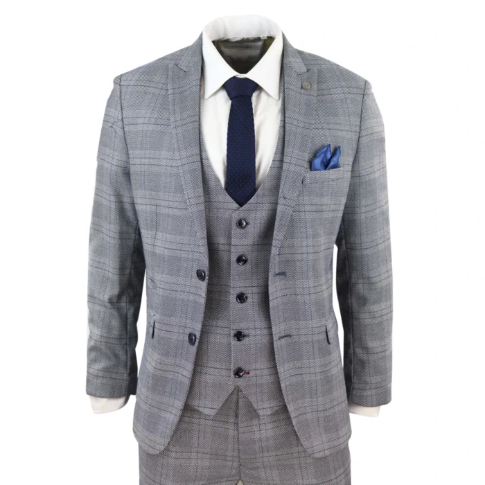 Mens Marc Darcy 3 Piece Suit Grey Prince Of Wales Blue Check Vintage Retro - Image 1