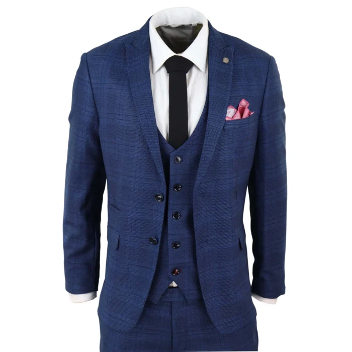 Mens Marc Darcy 3 Piece Suit Blue Prince Of Wales Black Check Vintage Retro - Image 1