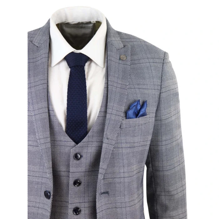 Mens Marc Darcy 3 Piece Suit Grey Prince Of Wales Blue Check Vintage Retro - Image 5