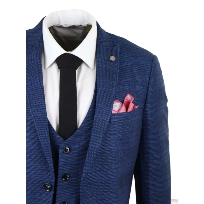 Mens Marc Darcy 3 Piece Suit Blue Prince Of Wales Black Check Vintage Retro - Image 5