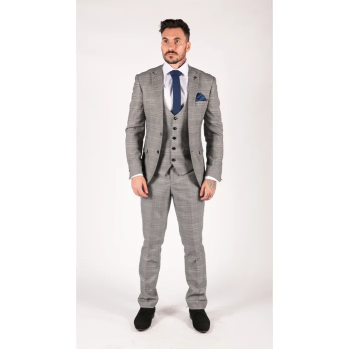 Mens Marc Darcy 3 Piece Suit Grey Prince Of Wales Blue Check Vintage Retro - Image 2