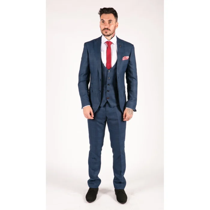 Mens Marc Darcy 3 Piece Suit Blue Prince Of Wales Black Check Vintage Retro - Image 2