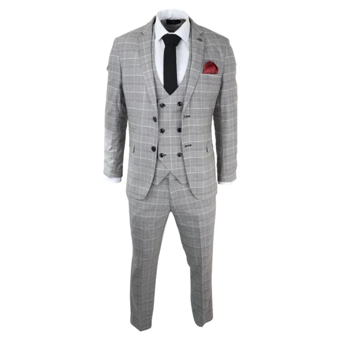 Mens Marc Darcy Grey Prince Of Wales Check Suit Ross Office Wedding Slim Fit Classic - Image 2