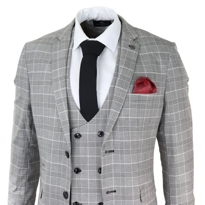 Mens Marc Darcy Grey Prince Of Wales Check Suit Ross Office Wedding Slim Fit Classic - Image 3