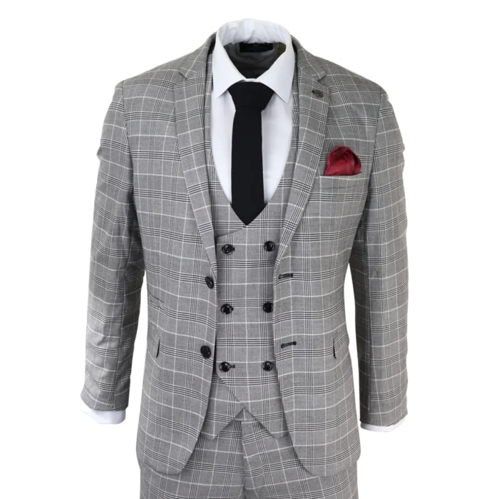 Mens Marc Darcy Grey Prince Of Wales Check Suit Ross Office Wedding Slim Fit Classic - Image 1