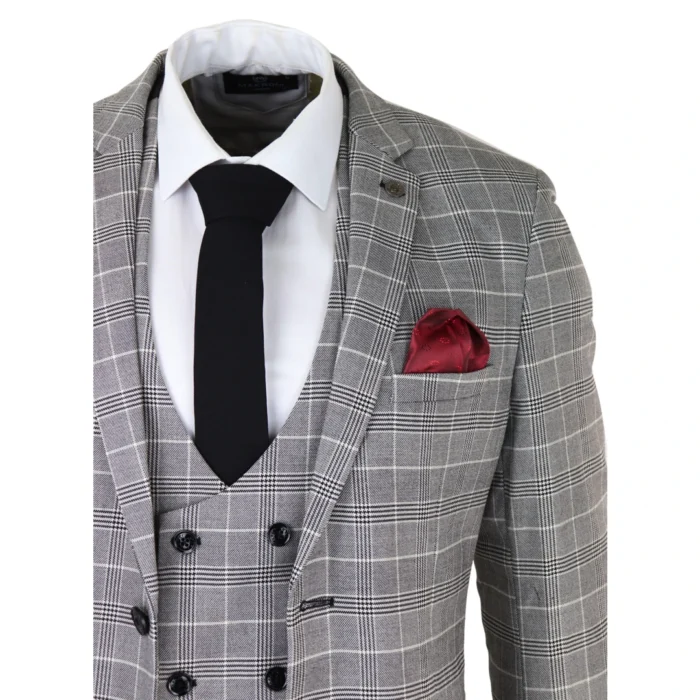 Mens Marc Darcy Grey Prince Of Wales Check Suit Ross Office Wedding Slim Fit Classic - Image 4