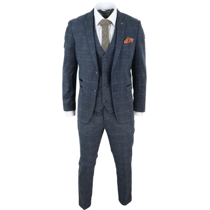 Mens Blue Check 3 Piece Suit Herringbone Tweed Vintage Tailored Fit Grey Velvet - Image 3