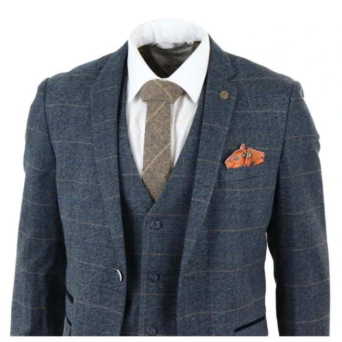 Mens Blue Check 3 Piece Suit Herringbone Tweed Vintage Tailored Fit Grey Velvet - Image 4
