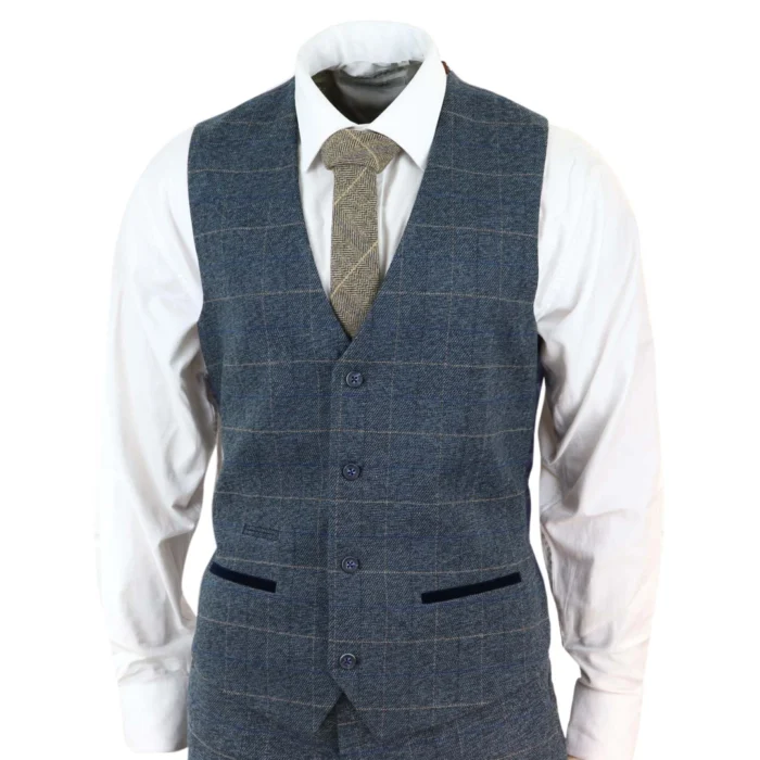 Mens Blue Check 3 Piece Suit Herringbone Tweed Vintage Tailored Fit Grey Velvet - Image 6