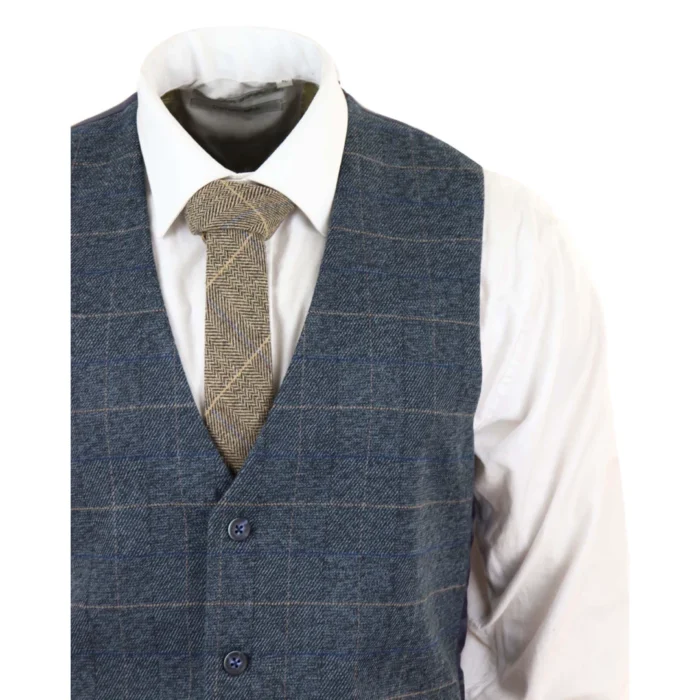 Mens Blue Check 3 Piece Suit Herringbone Tweed Vintage Tailored Fit Grey Velvet - Image 7