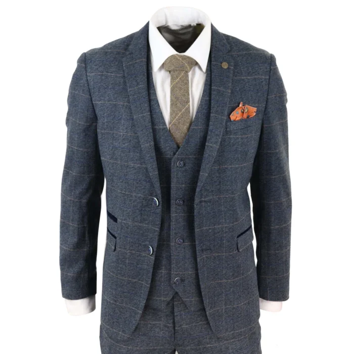 Mens Blue Check 3 Piece Suit Herringbone Tweed Vintage Tailored Fit Grey Velvet - Image 1