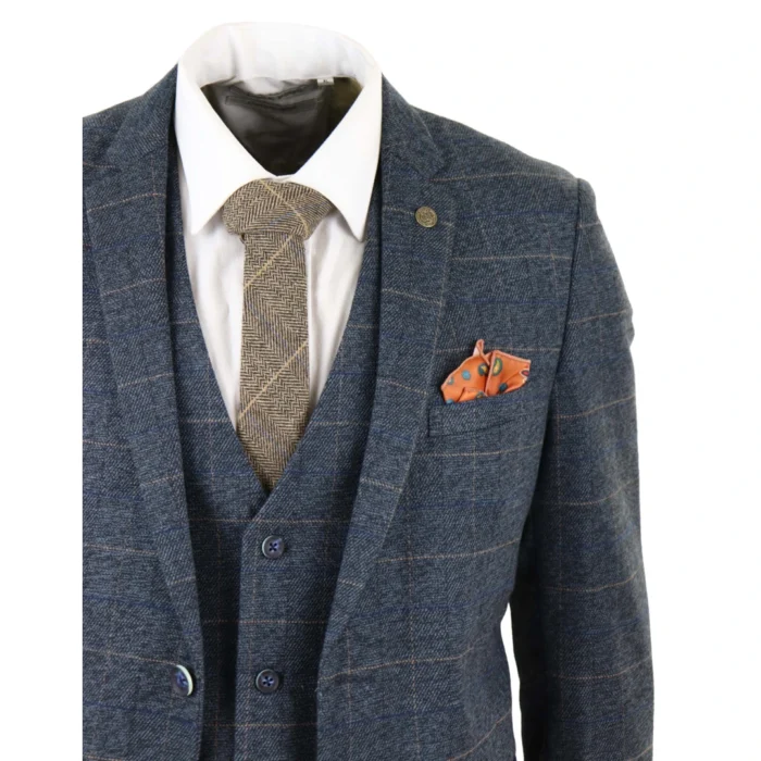 Mens Blue Check 3 Piece Suit Herringbone Tweed Vintage Tailored Fit Grey Velvet - Image 5