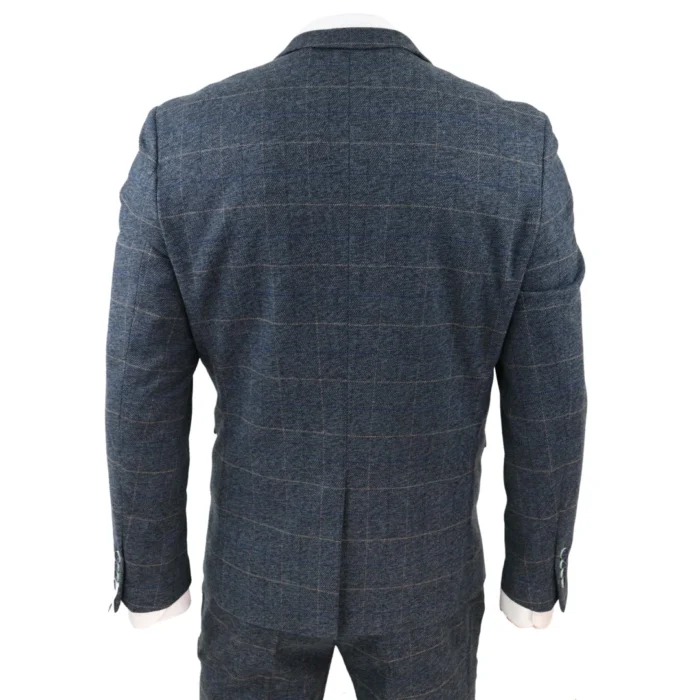 Mens Blue Check 3 Piece Suit Herringbone Tweed Vintage Tailored Fit Grey Velvet - Image 8