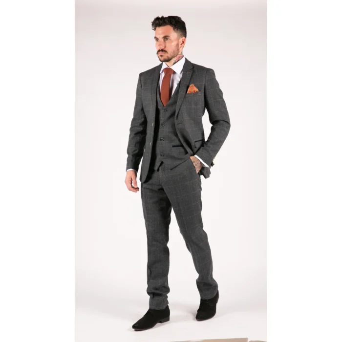 Mens Blue Check 3 Piece Suit Herringbone Tweed Vintage Tailored Fit Grey Velvet - Image 2