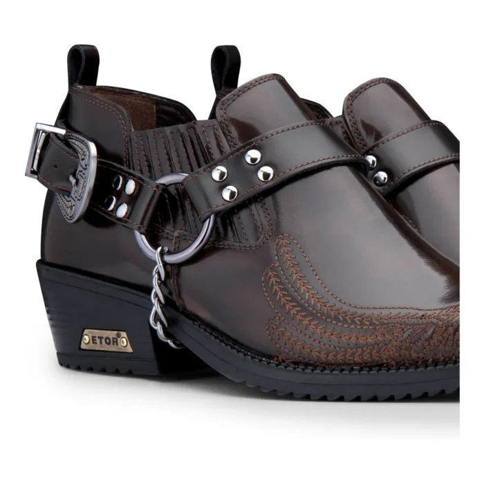 Mens Genuine Leather Western Shoes US Eagle Patent Shiny Wincklepickers Metal Chain Belt Cuban Heel Dancing Cowboy - Image 3
