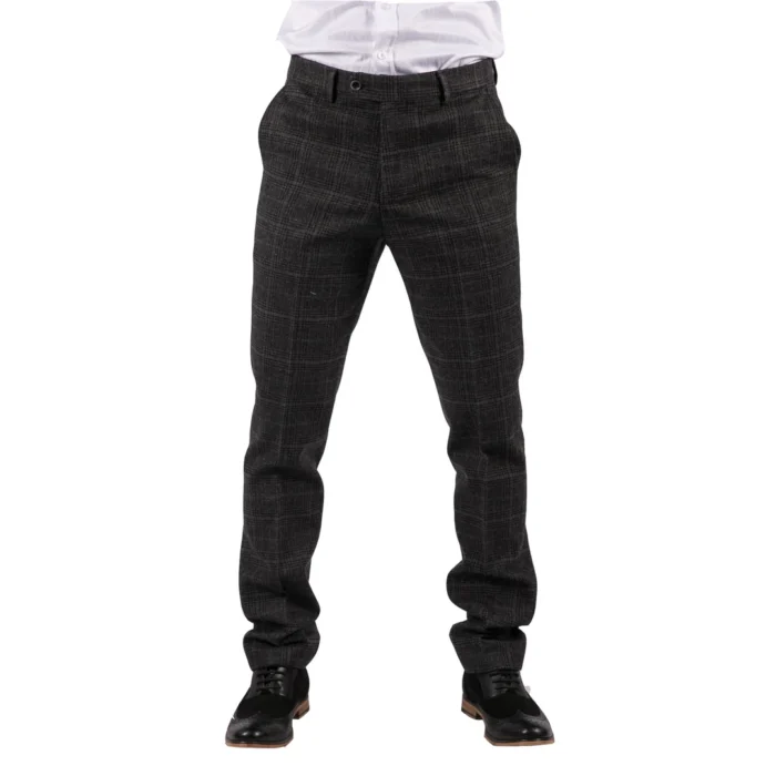Mens Black Tweed Trousers Check Vintage 1920s Gatsby Blinders Tailored Fit Grey Blue - Image 25