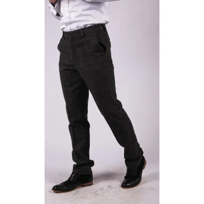 Mens Black Tweed Trousers Check Vintage 1920s Gatsby Blinders Tailored Fit Grey Blue - Image 26