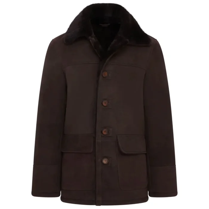Men's Brown Shearling Sheepskin Car Coat - Image 1