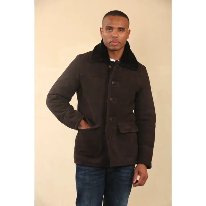 Men's Brown Shearling Sheepskin Car Coat - Image 2
