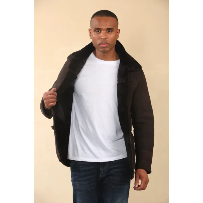 Men's Brown Shearling Sheepskin Car Coat - Image 6