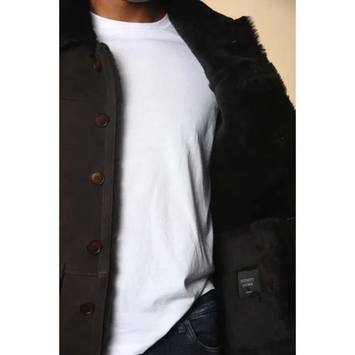 Men's Brown Shearling Sheepskin Car Coat - Image 5
