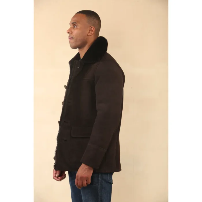 Men's Brown Shearling Sheepskin Car Coat - Image 4