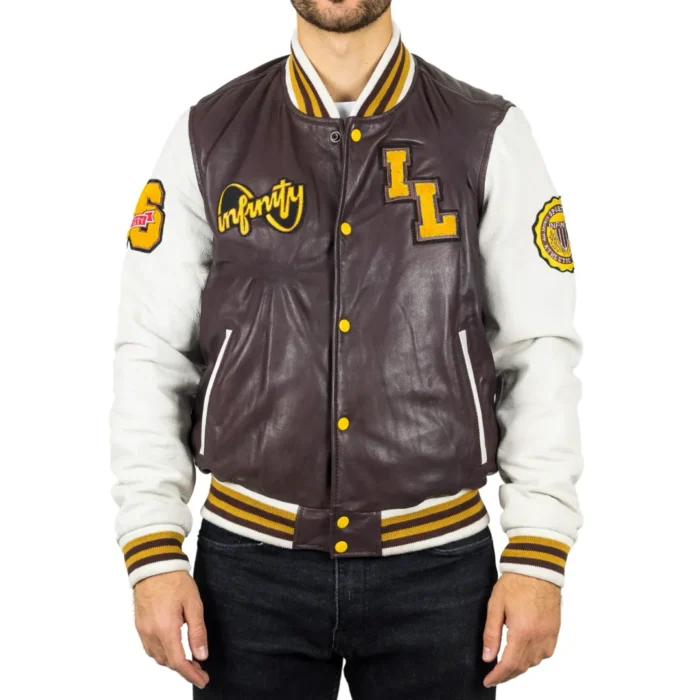 Men's Burgundy Genuine Leather Bomber Jacket Baseball Letterman Coat - Image 1