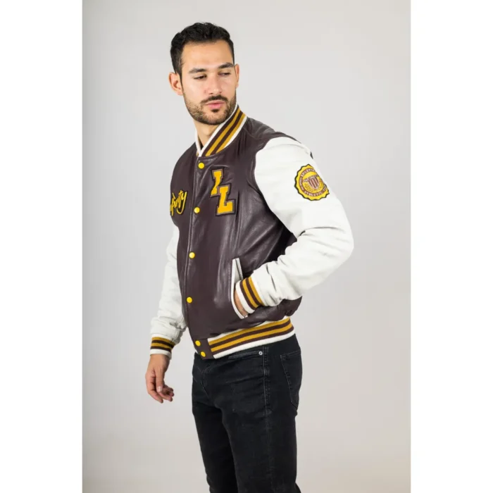 Men's Burgundy Genuine Leather Bomber Jacket Baseball Letterman Coat - Image 6