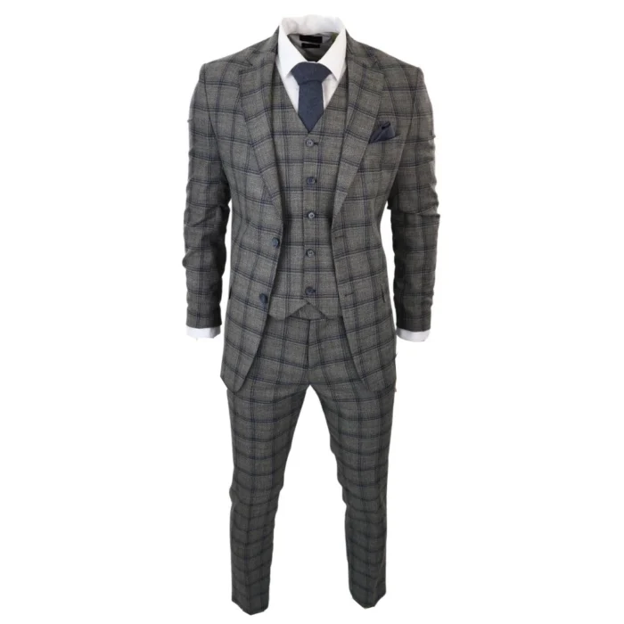 Men's Dark Grey 3 Piece Checked Suit Formal Business Dress Suits - Image 2
