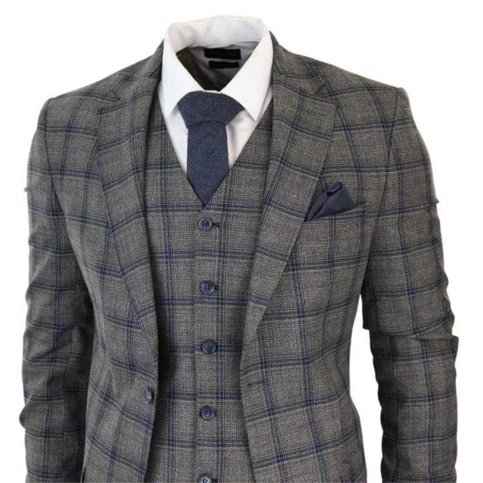 Men's Dark Grey 3 Piece Checked Suit Formal Business Dress Suits - Image 3