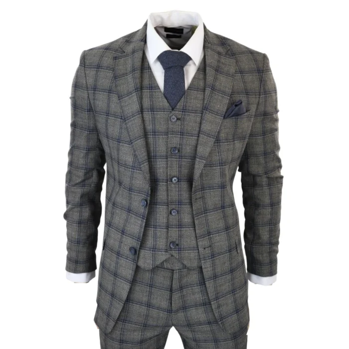 Men's Dark Grey 3 Piece Checked Suit Formal Business Dress Suits - Image 1