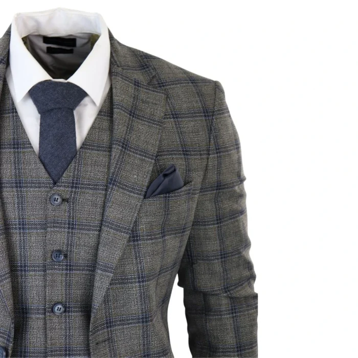 Men's Dark Grey 3 Piece Checked Suit Formal Business Dress Suits - Image 4
