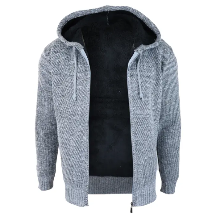Mens Hoodie Jumper Jacket Fleece Fur Lined Top Knitted Warm Winter Casual Zipped - Image 6