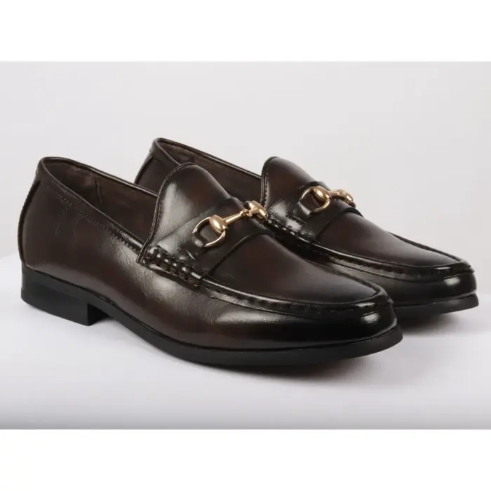 Men's Leather Lined Slip On Gold Buckle Loafers - Image 8