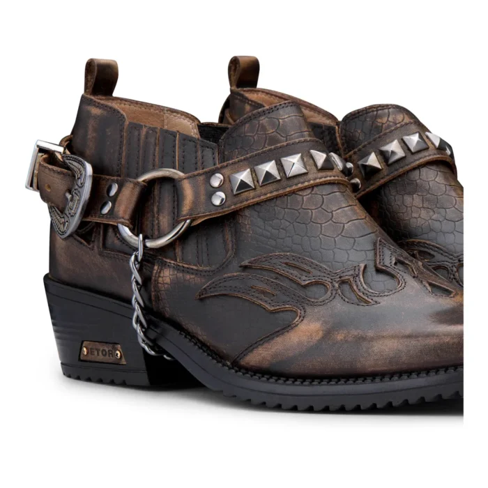 Mens Real Leather Cowboy Shoes Wincklepickers Cuban Heel Metal Belt Western Croc Pattern - Image 3