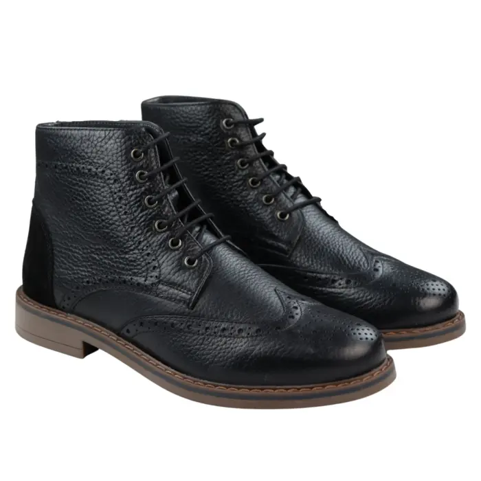 Mens Round Toe Laced Brogue Boots Black Tan Brown Real Leather Smart Casual Classic - Image 6
