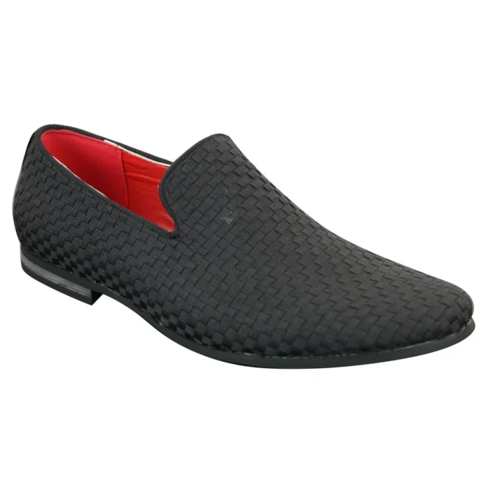 Mens Textured Slip On Black Blue Check Shoes Smart Casual Formal Italian Design - Image 2