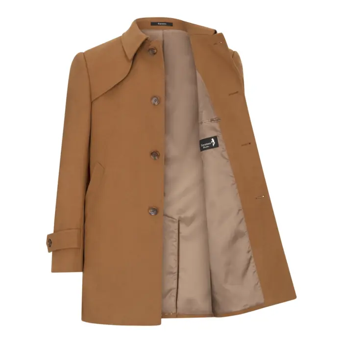 Mens Wool 3/4 Camel Tan Overcoat Classic Button Down Collar Premium Shoulder Patch - Image 2
