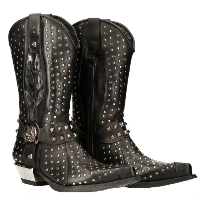 New Rock M-7928-s1 Western Cowboy Boots Black Leather Heavy Biker Silver Studs - Image 3