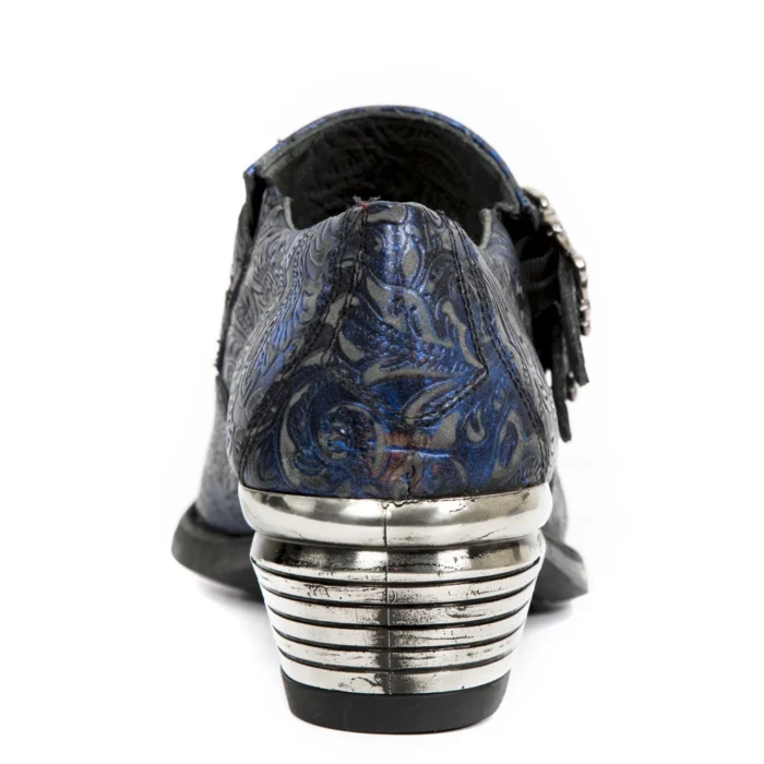 New Rock 7960-s7 Shoe Embossed Vintage Blue Leather Buckle Steel Heel Shoes - Image 5