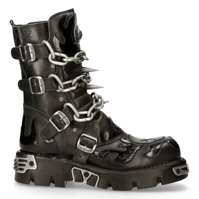 New Rock Mens Black Leather Skull Flame Reactor Boots M.727-S1 - Image 1