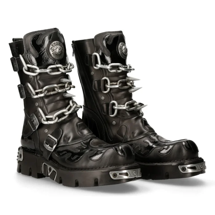 New Rock Mens Black Leather Skull Flame Reactor Boots M.727-S1 - Image 3