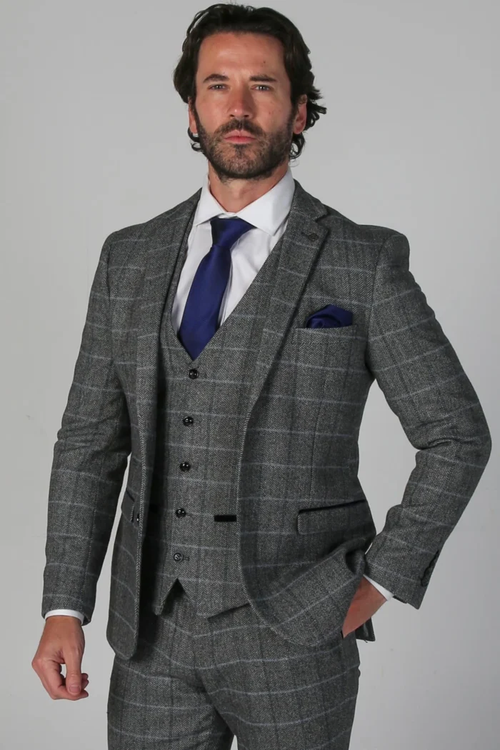 Men's Grey Blazer Tweed Herringbone Wool Blend Sport Coat - Image 1