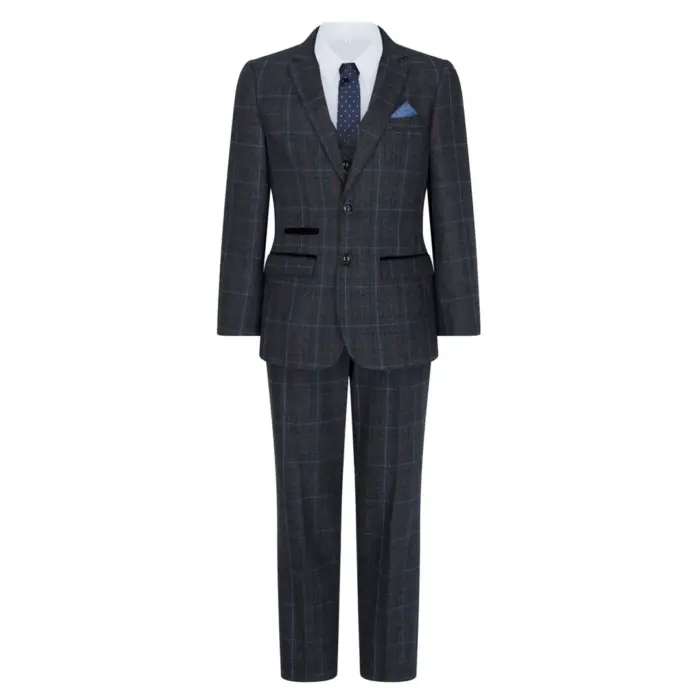 Boys Navy Blue 3 Piece Tweed Suit Herringbone Wine Vintage Retro - Image 1