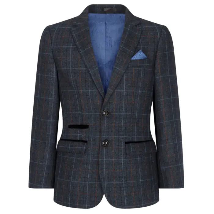 Boys Navy Blue 3 Piece Tweed Suit Herringbone Wine Vintage Retro - Image 2