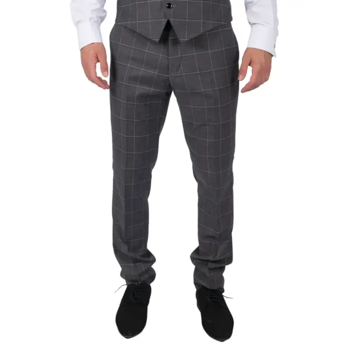Mens Grey Check Trousers Vintage Retro Smart Wedding Classic Tailored Fit Light - Image 1