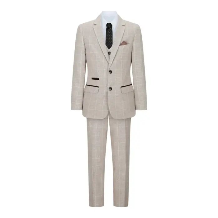 Boys Check Tweed Beige Brown 3 Piece Suit Wedding Vintage Retro Classic - Image 2